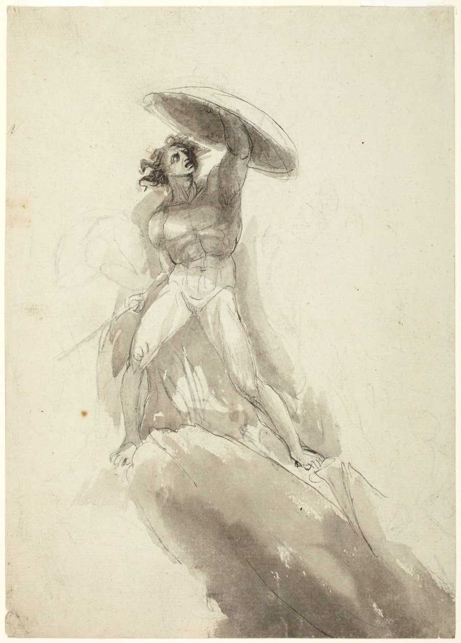 En skrittende mannlig nakenfigur med skjold: studie til «De opprørske englenes fall» av George Romney