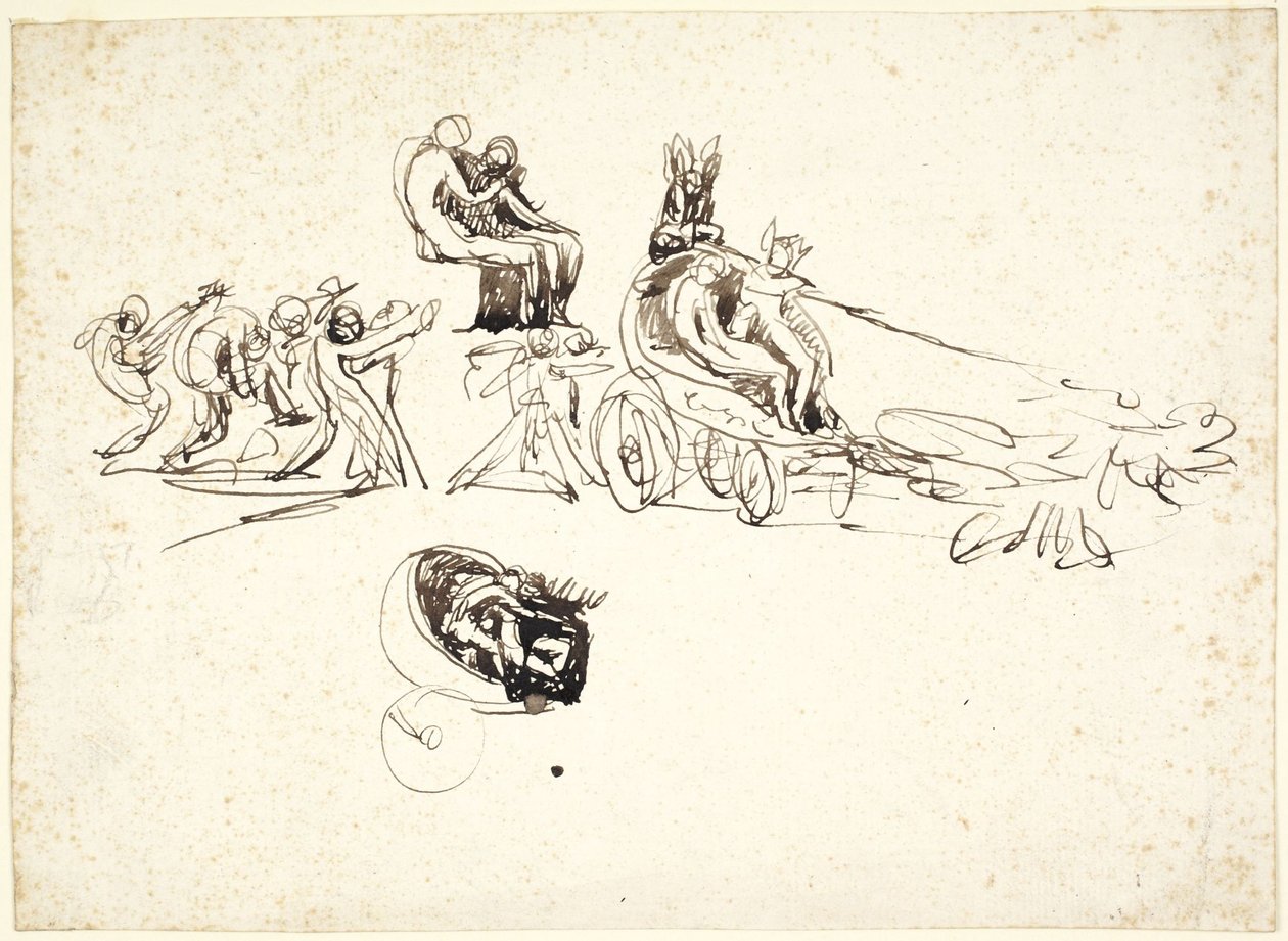 Studier av en stridsvogn med to figurer inne i den og andre figurer bak av George Romney