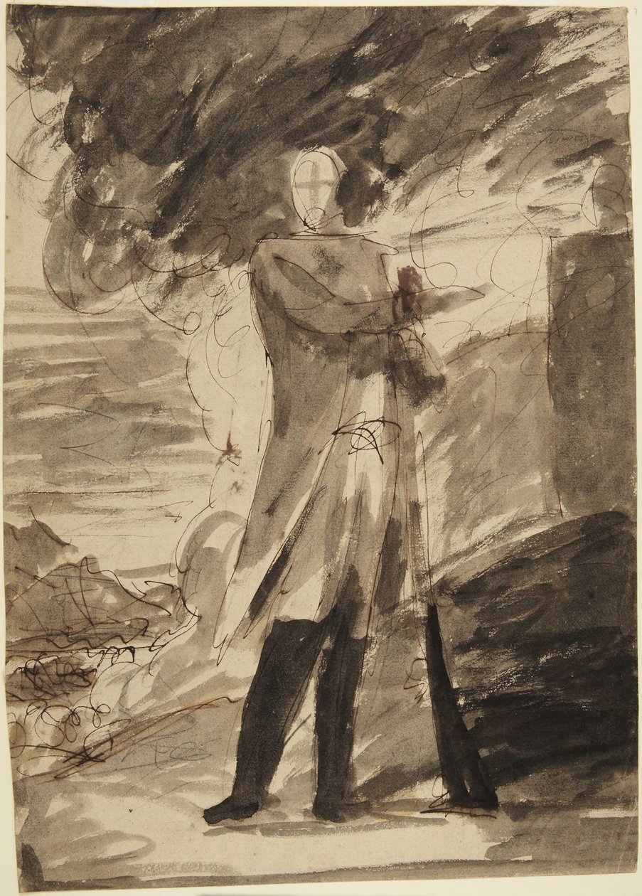 Studie til et helfigurportrett av en mann som holder en pistol av George Romney