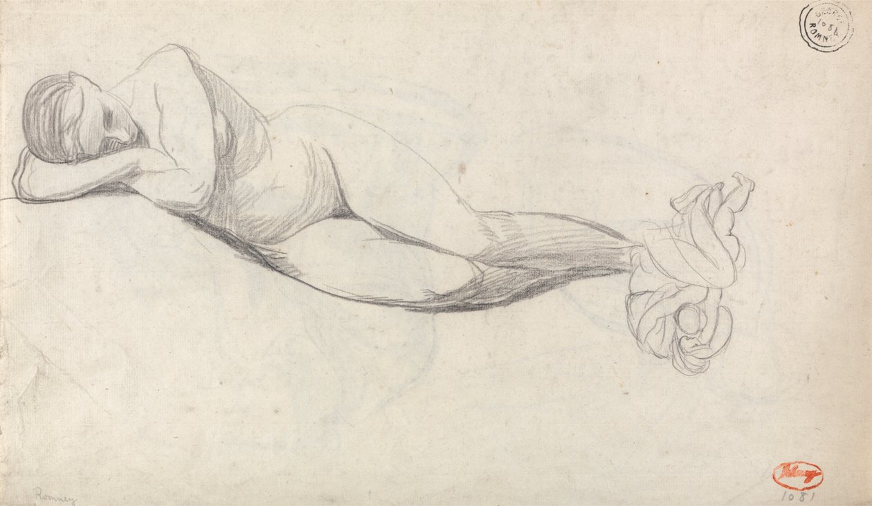 Studie av en liggende nakenfigur og en sittende kvinne som trøstes av et barn av George Romney