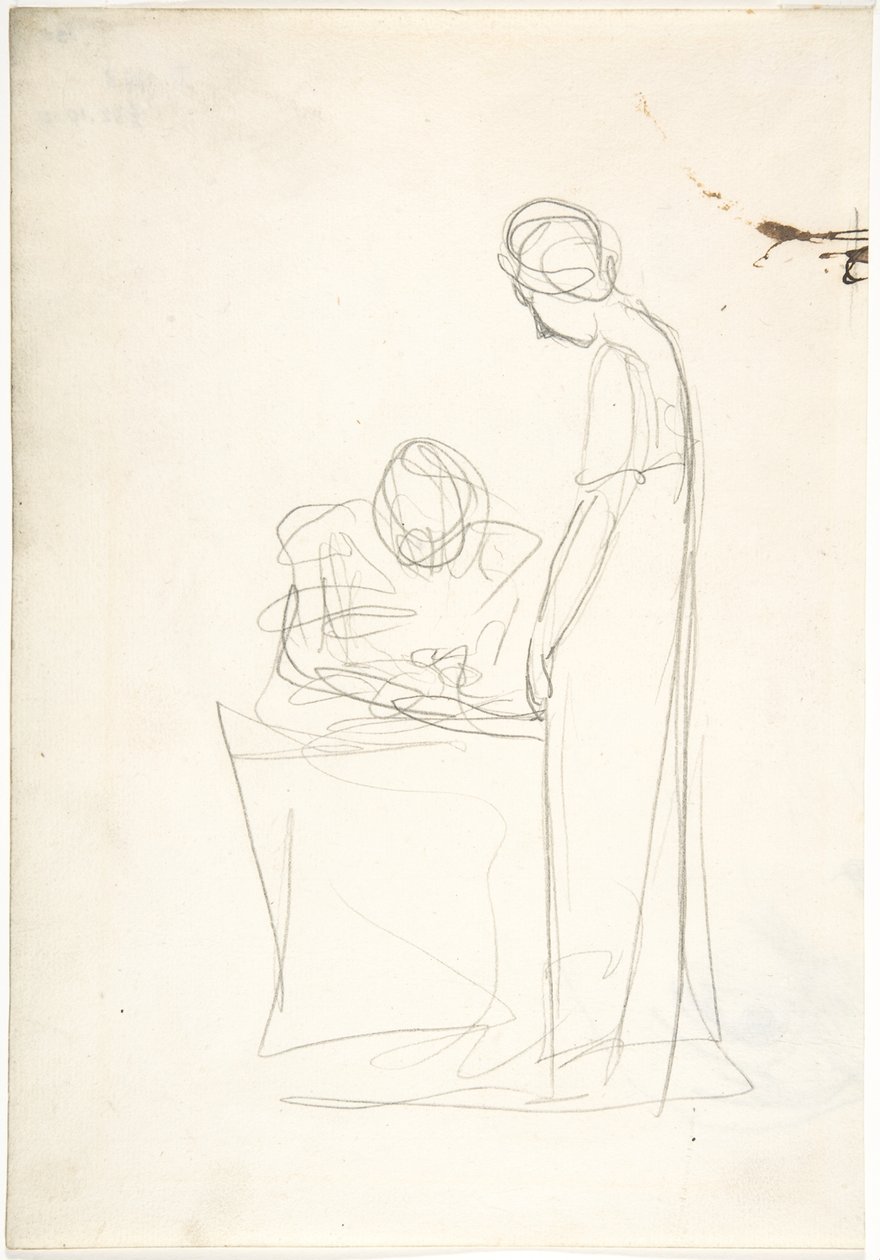 Studie av to figurer: den ene sittende, den andre stående (recto). Studie av et hode som ser oppover (verso) av George Romney