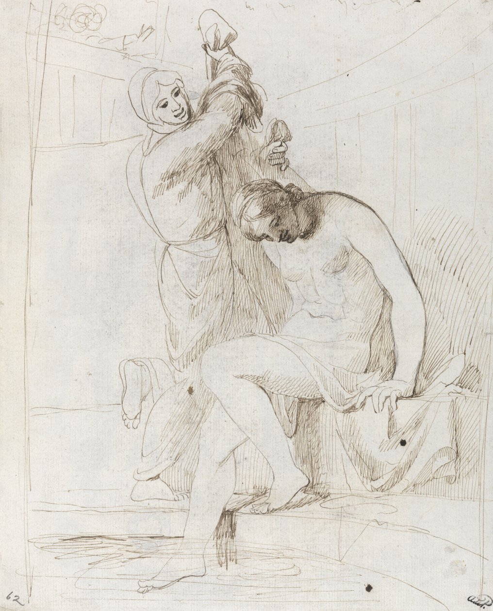 The Bath of Bathsheba (penn og brunt blekk på lagt papir) av George Romney