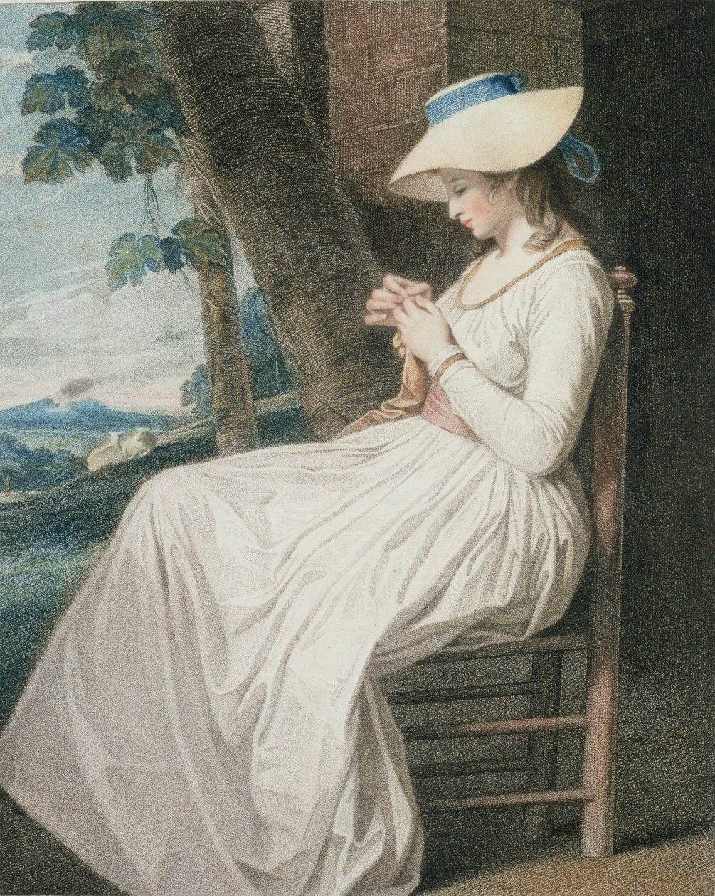The Seamtress, gravert av Thomas Cheesman (1760-c.1834), pub. av John und Josiah Boydell, 1787 (stippgravering) (par 125533) av George Romney