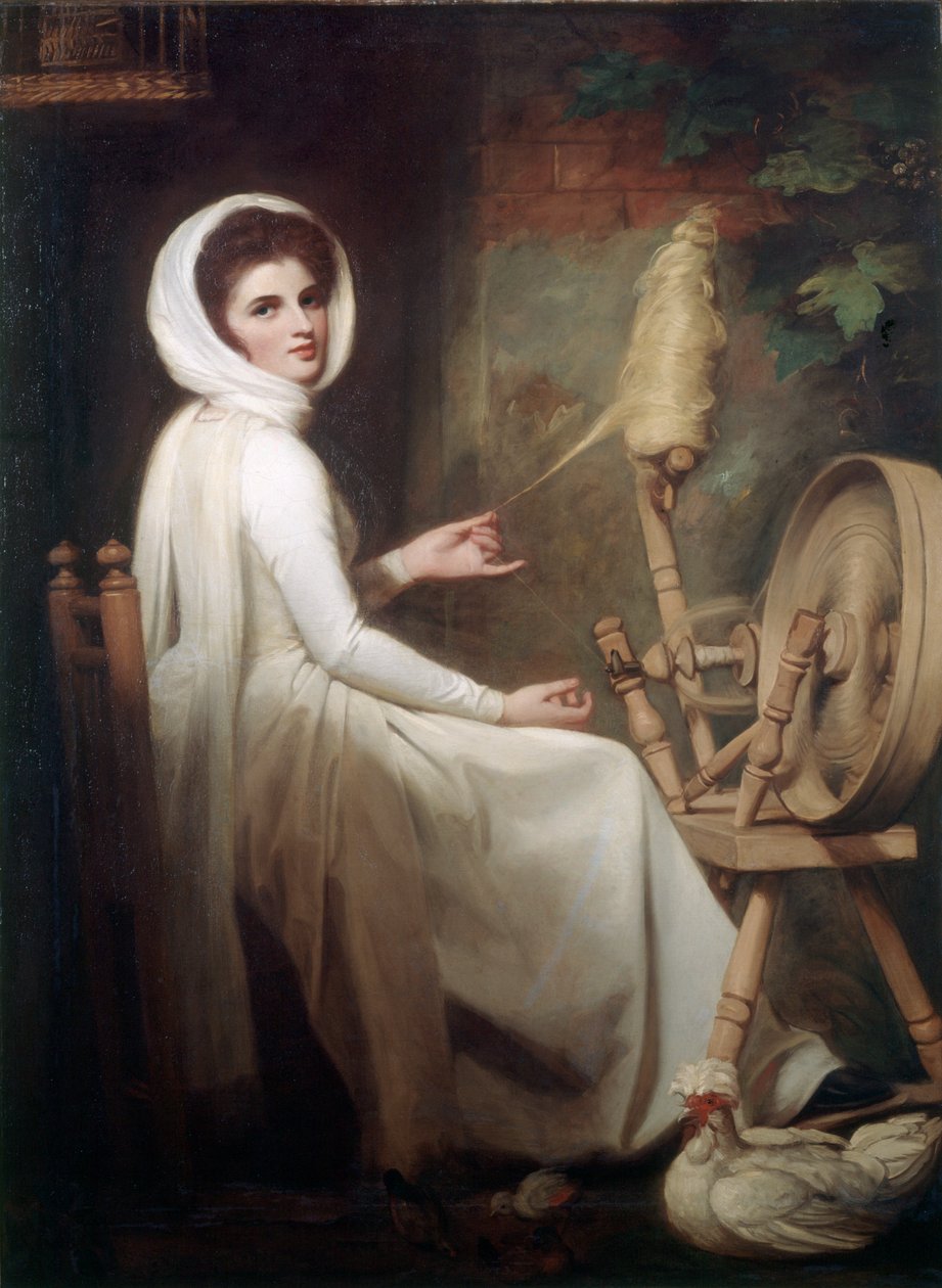 The Spinstress Lady Emma Hamilton ved Spinning Wheel av George Romney