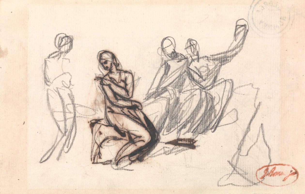 Tre sittende figurer og en stående figur av George Romney