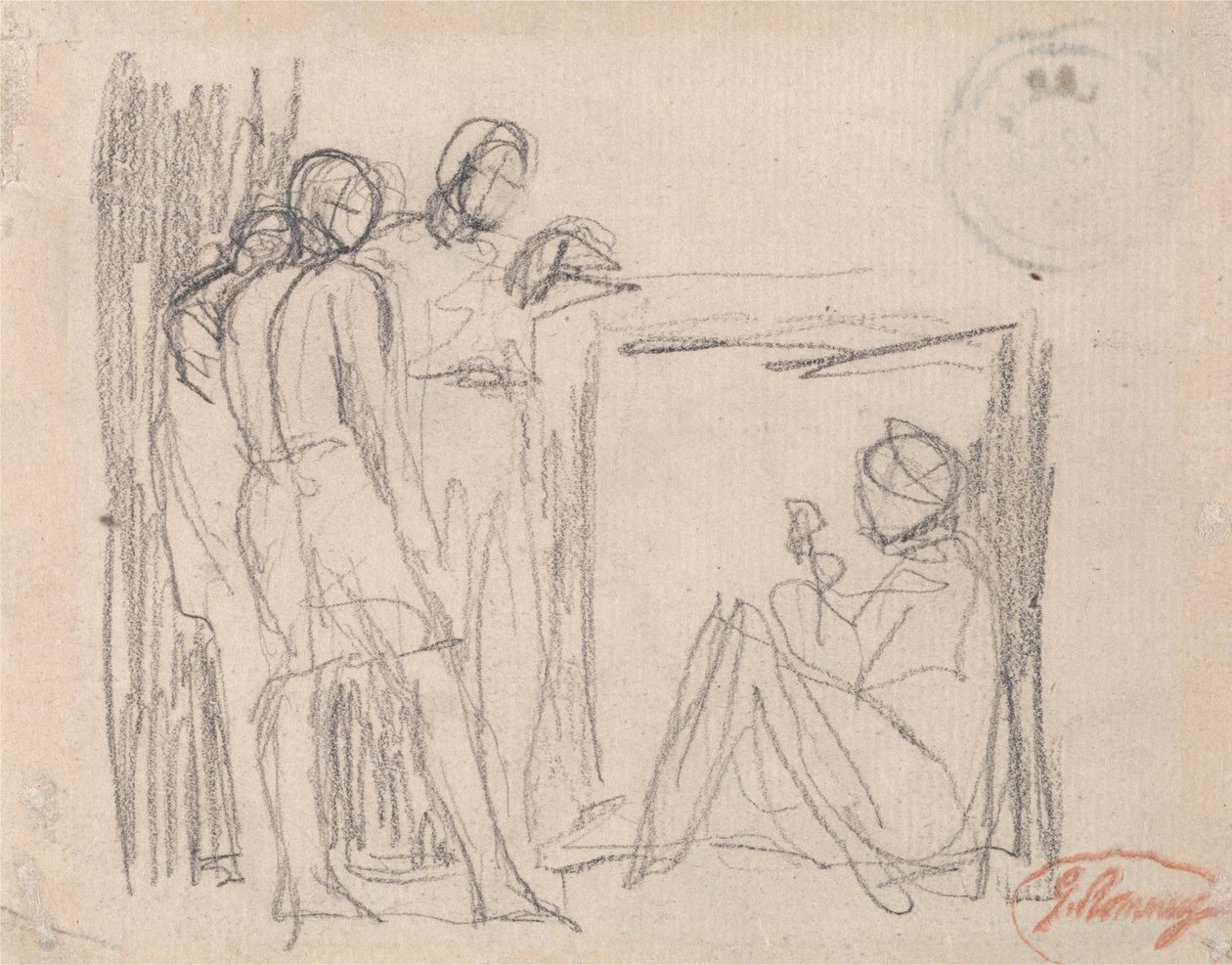 Tre stående figurer foran en sittende figur av George Romney