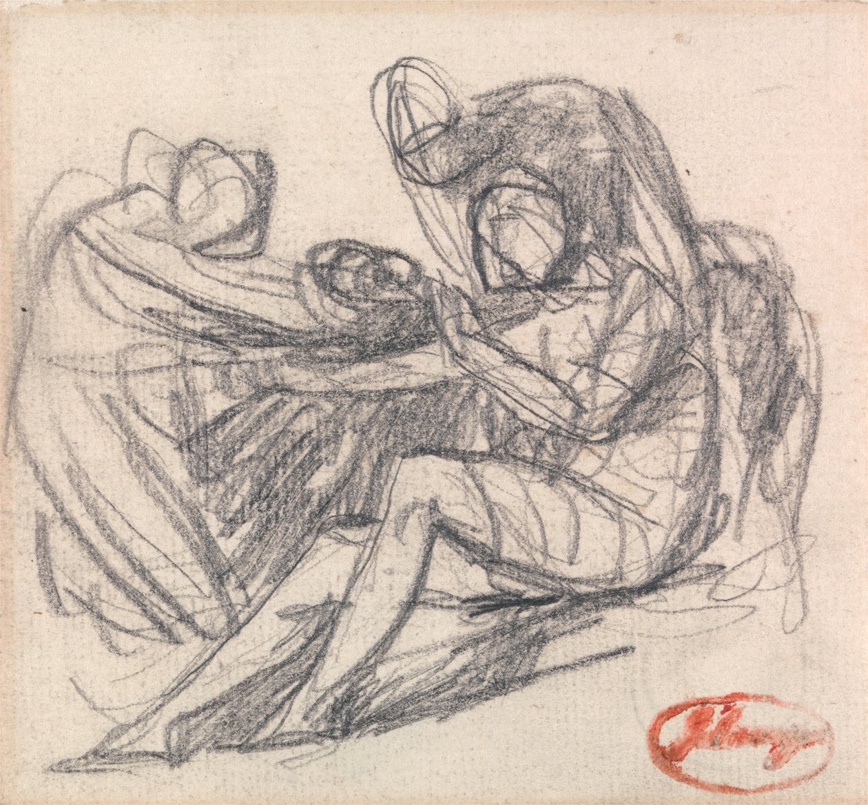 To figurer som hjelper en sittende figur av George Romney