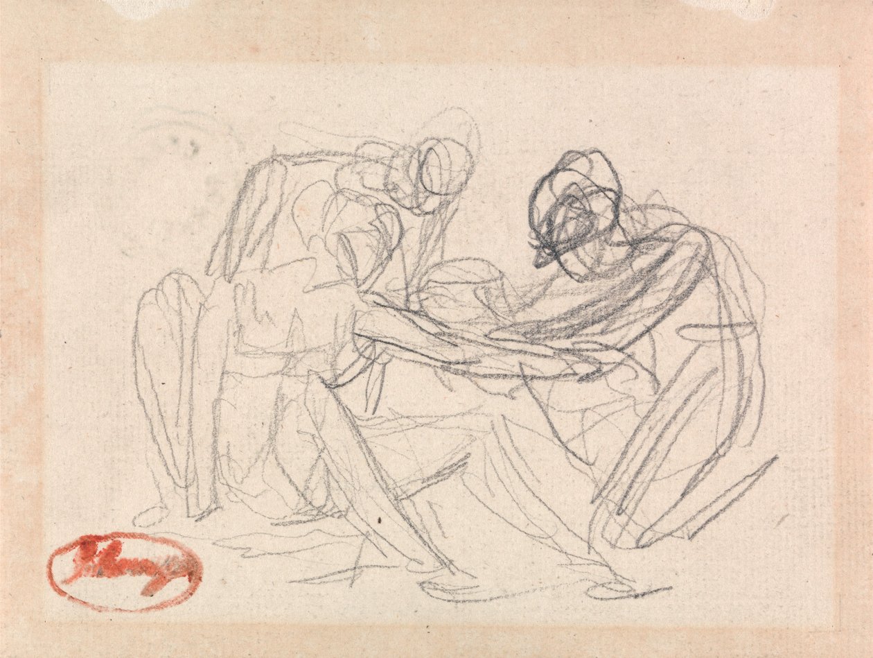 To knelende figurer foran en sittende figur av George Romney