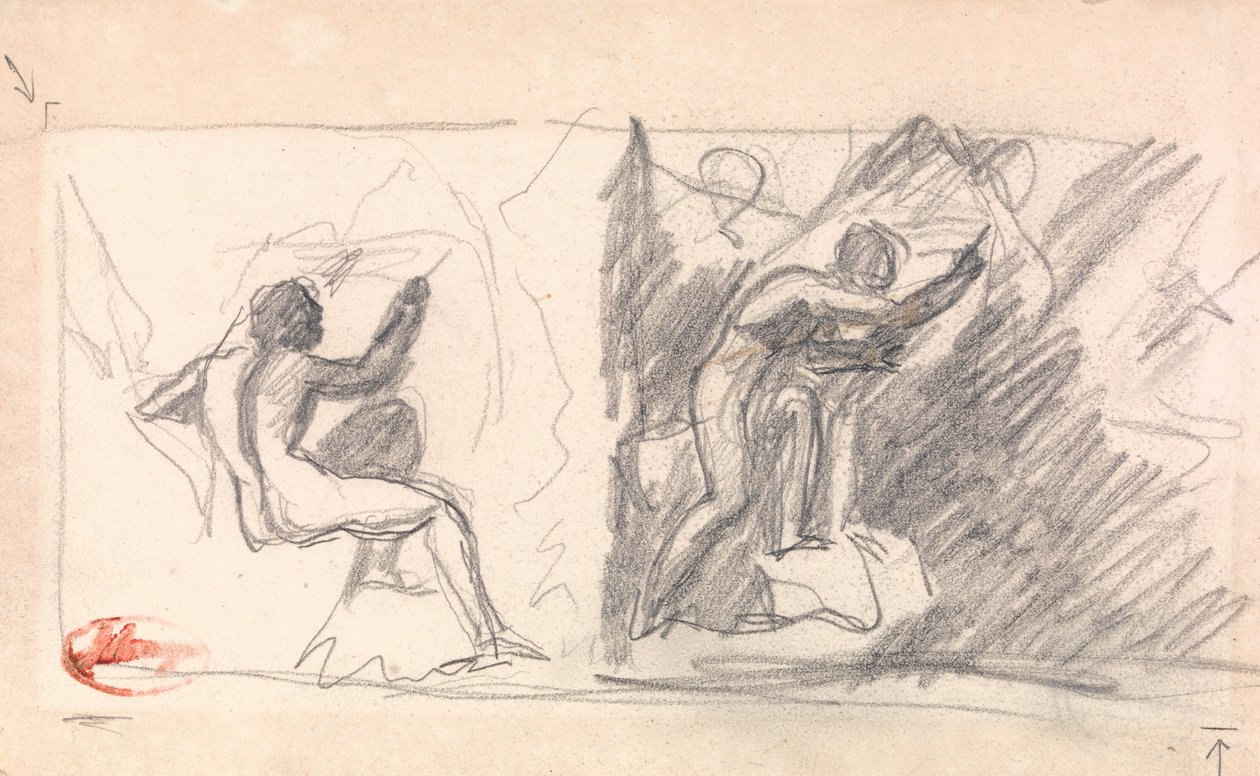 To skisser: Sittende mannlig nakenfigur, sett bakfra; Stående figur som gestikulerer av George Romney
