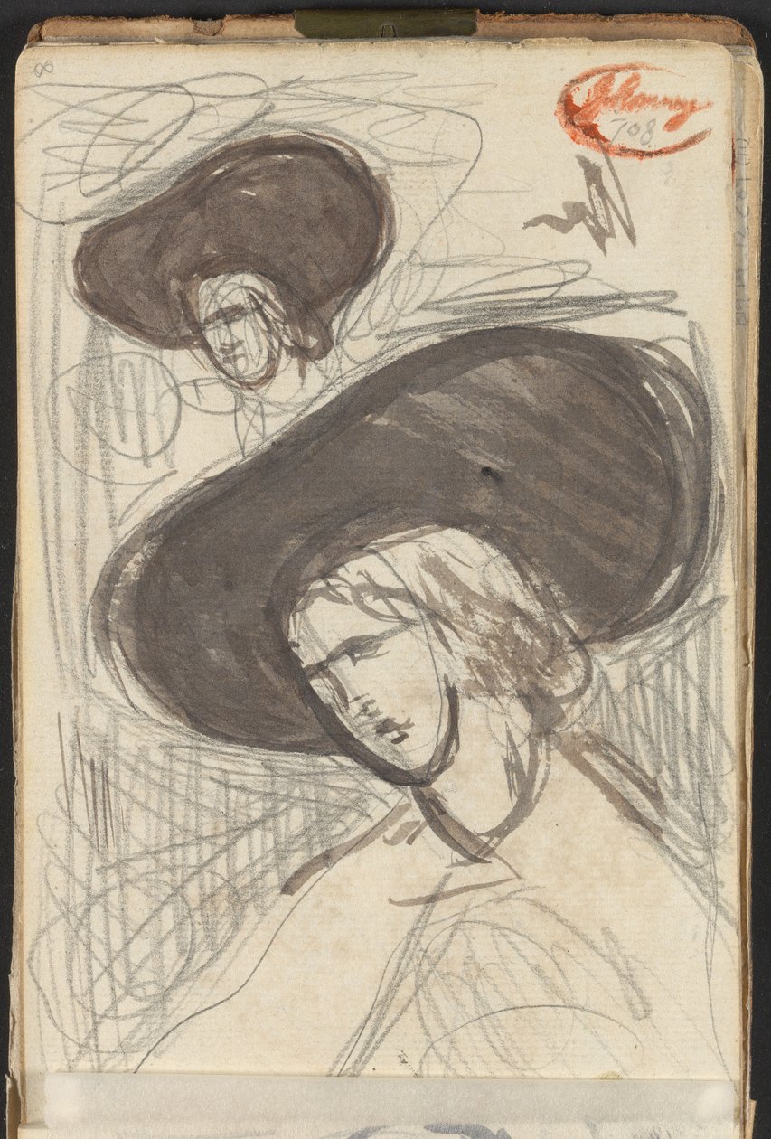 To skisser av en dame med hatt av George Romney
