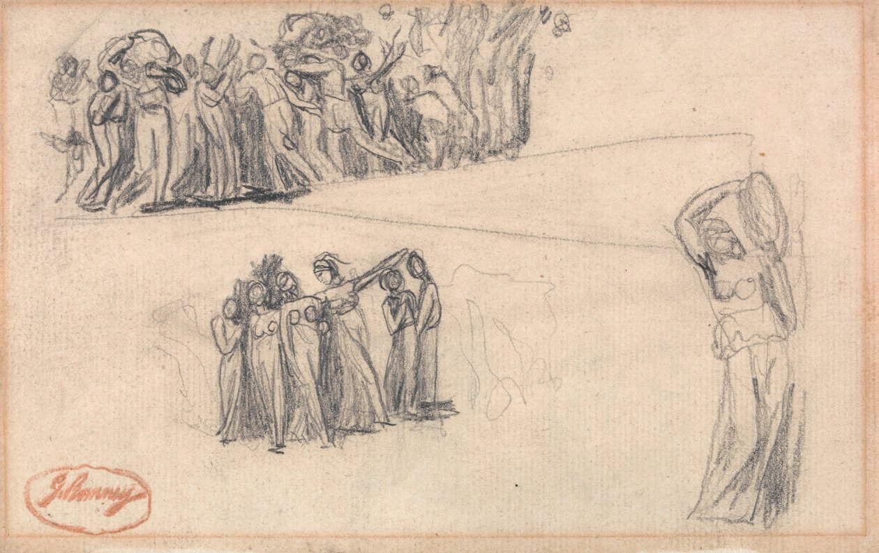 To skisser av kvinner og barn på flukt og en stående kvinnefigur som spiller tamburin, til Lady Anne Leveson i «Dancing Gower Children» av George Romney