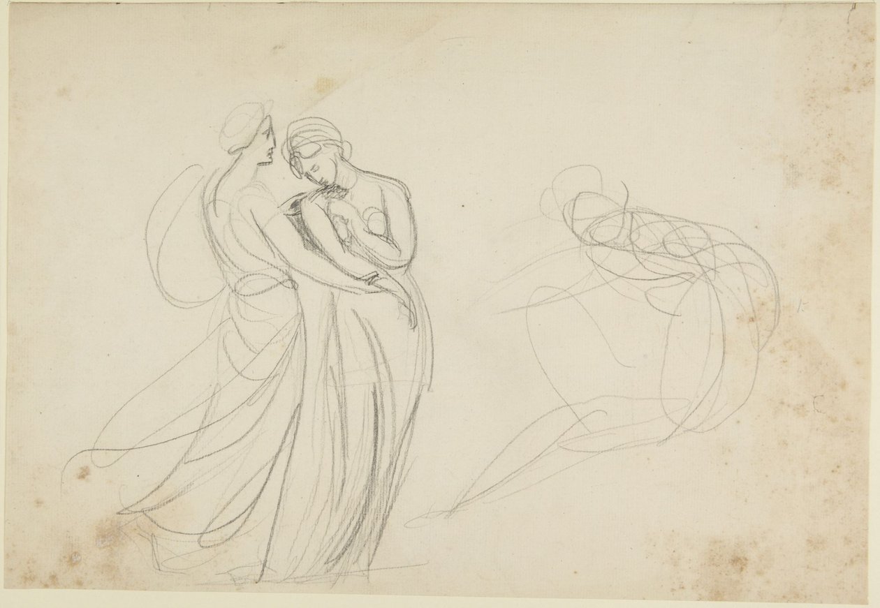 To kvinneskikkelser foran en sittende skikkelse, studie til «To jomfruer som rådfører seg med en spåkone» av George Romney