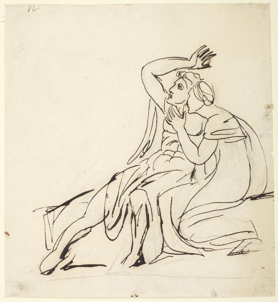 To sittende figurer; på baksiden: tre studier av figurgrupper av George Romney