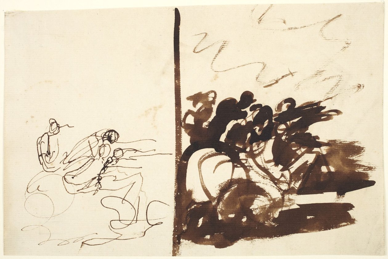 To studier av en gruppe figurer som gestikulerer mot høyre av George Romney