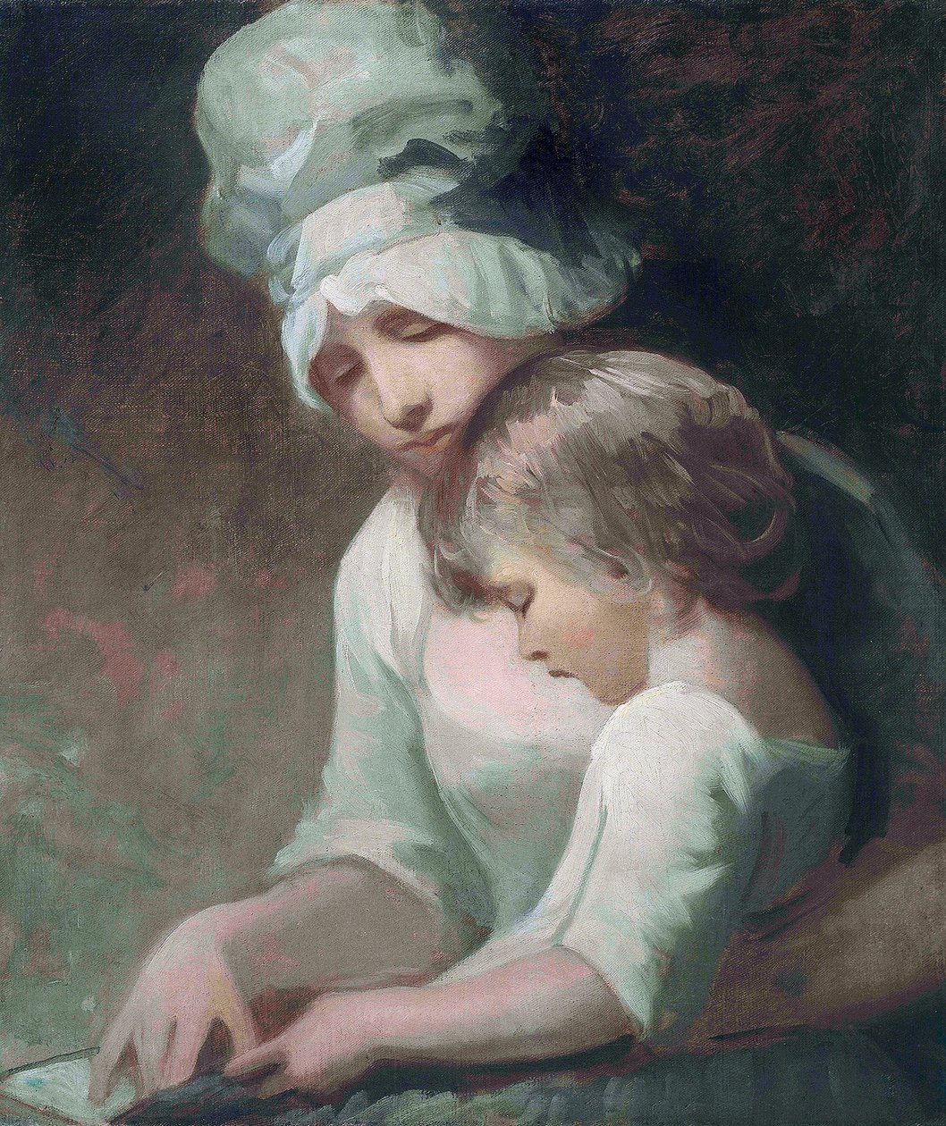 "A Mother and Child Reading" (A Mother and Child Reading) (Mrs Cumberland og hennes sønn) Maleri av George Romney (1734-1802) - Olje på lerret Dim 63,5x53,7 cm Privat samling av George Romney
