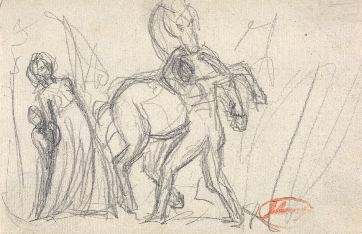 Uidentifisert motiv: Kvinne, barn, mann og hest av George Romney