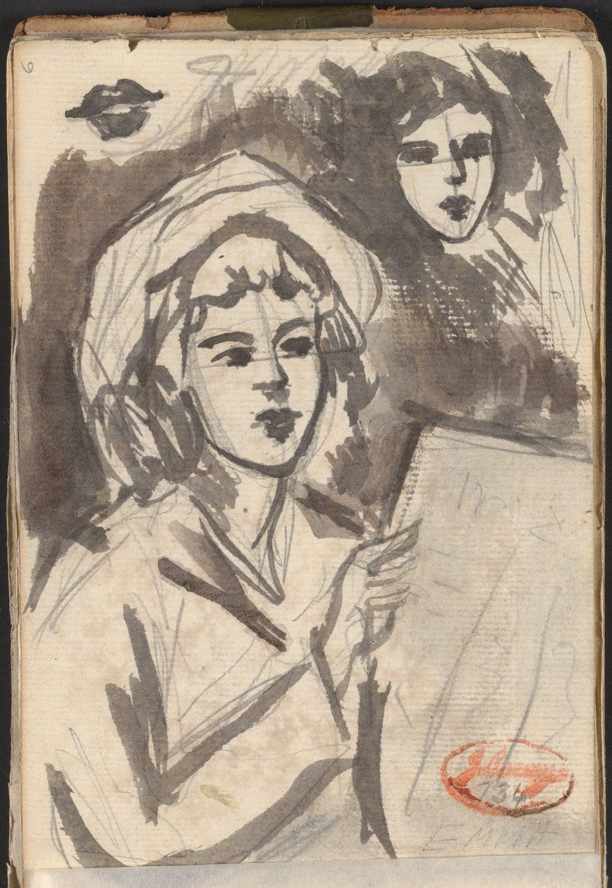 Kvinne som leser, og ansiktsstudie av George Romney