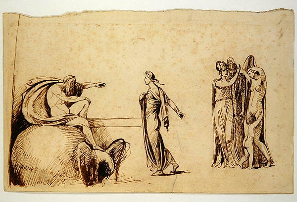 Zeus med andre mytologiske figurer (penn og blekk på papir) (se 270960 for recto) av George Romney
