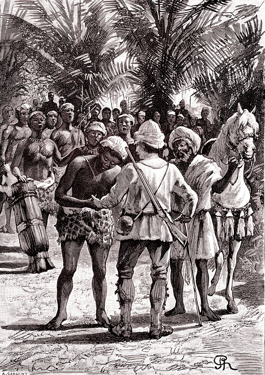 Utforsker i de store innsjøene i Sudan. 1888 (gravering) av George Roux