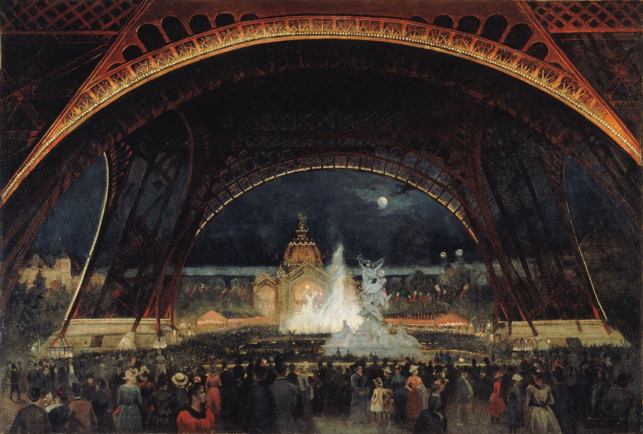 Nattfest på verdensutstillingen i 1889, under Eiffeltårnet, ca. 1889. av George Roux