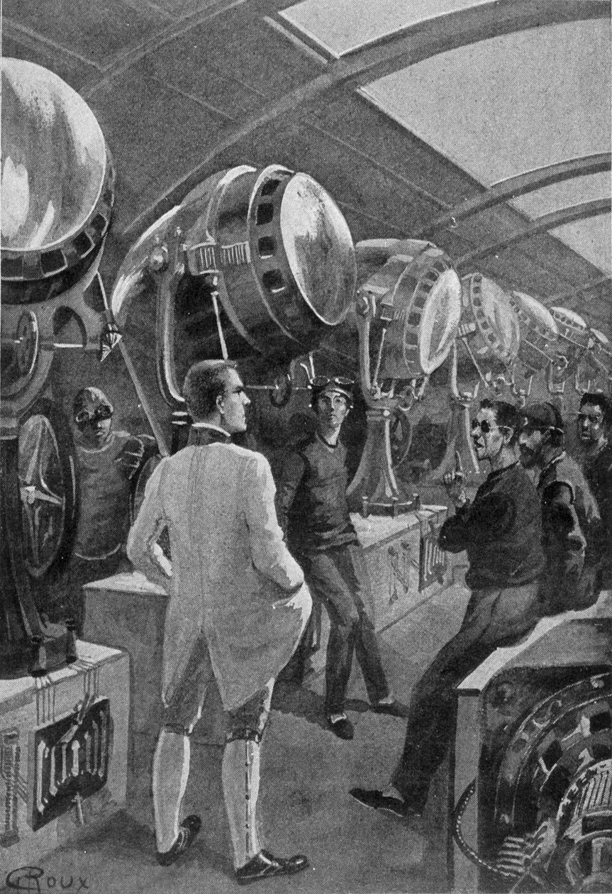 Mekanikere foran maskinene deres, tegning av Roux i «The day of an American journalist in 2889» av Jules Verne av George Roux