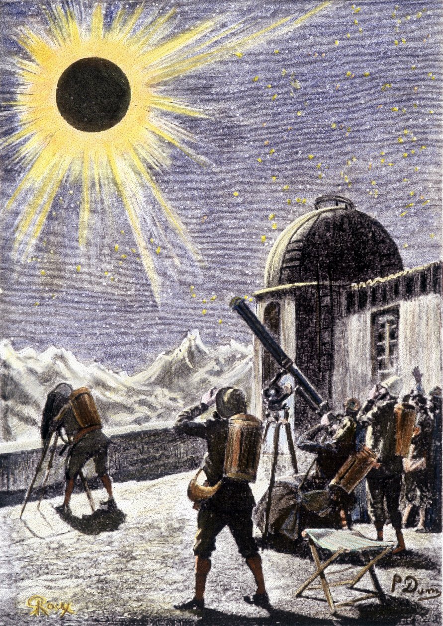 Folk som ser på formørkelsen - i "" Les Exiles de la Terre"" av André Laurie, illustrasjon av Georges Roux. Editions Hetzel av George Roux