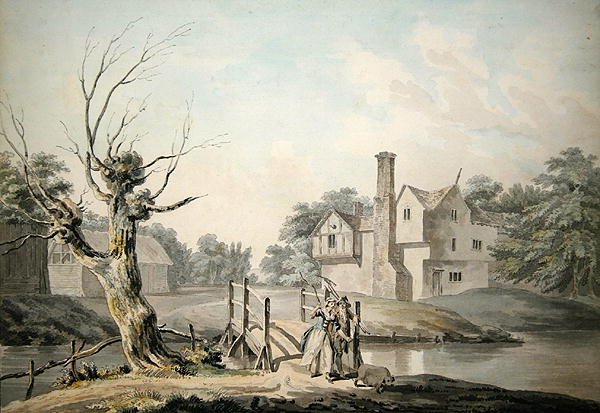 Rustikke figurer som krysser en bro nær et gårdshus (penn og blekk, blekkvask og akvarell på papir) av George Samuel