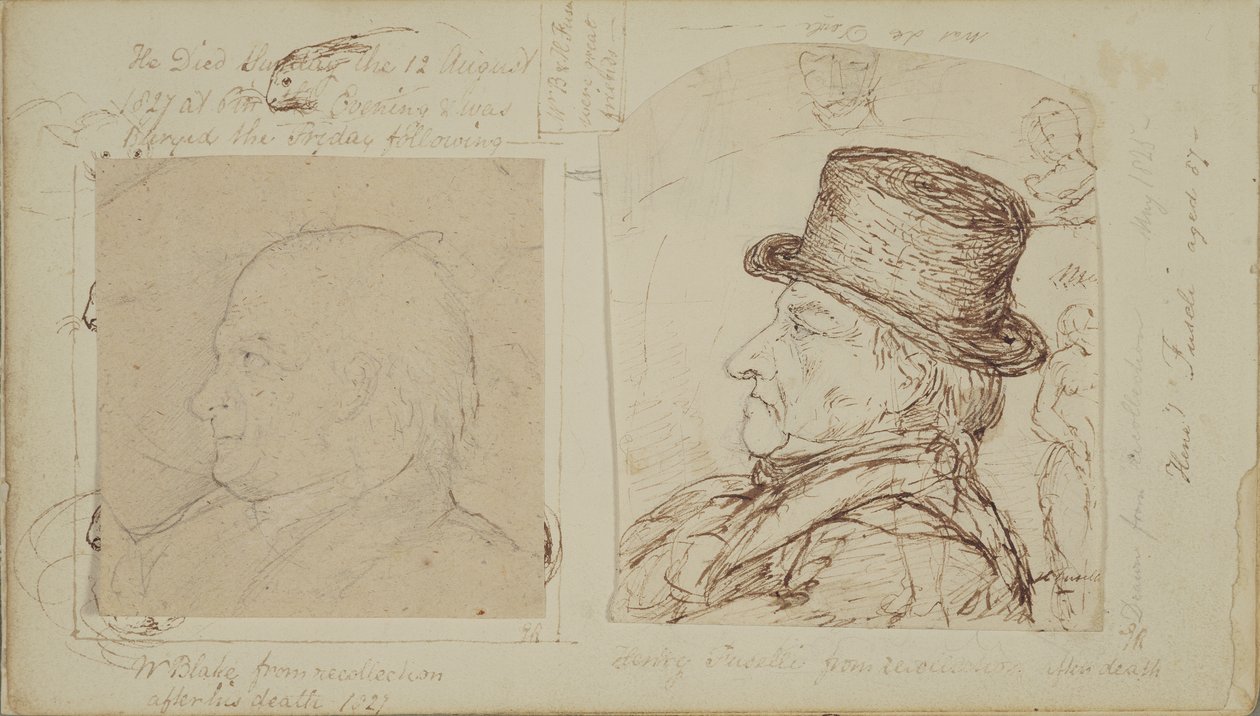 Studier av kaniner med overlagrede portretter av William Blake og Henry Fuseli (grafitt og blekk på papir) av George Samuel