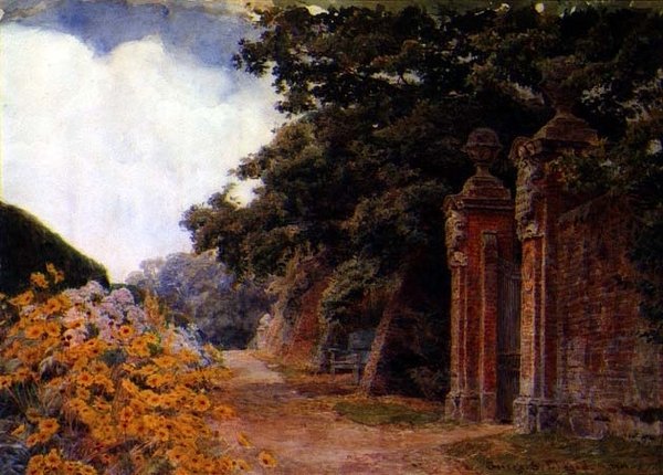 En hagekant med vegg og port av George Samuel Elgood