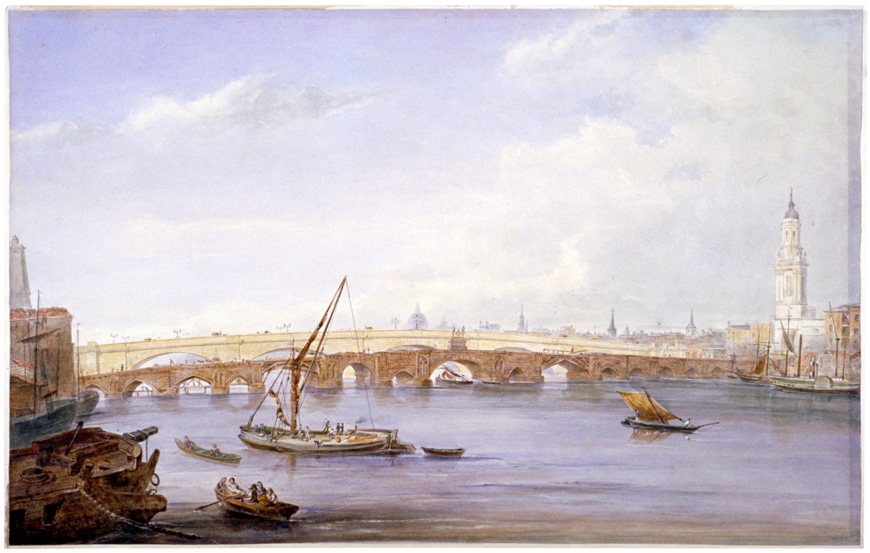 Gamle og nye London Bridges, London, 1831. av George Scharf