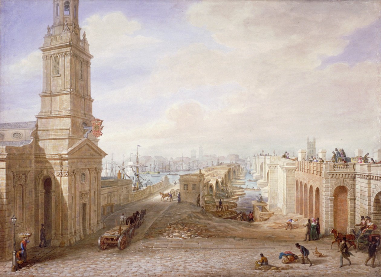 Gamle og nye London Bridges ser sørover, London, 1831. av George Scharf