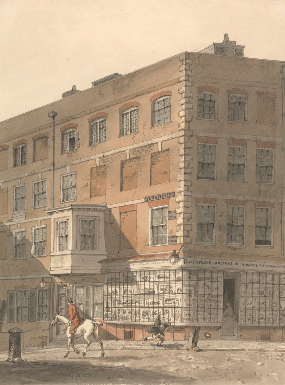 York House, hjørnet av Villiers Street og Strand, med Richardsons gamle og moderne trykklager i forgrunnen av George Shepheard