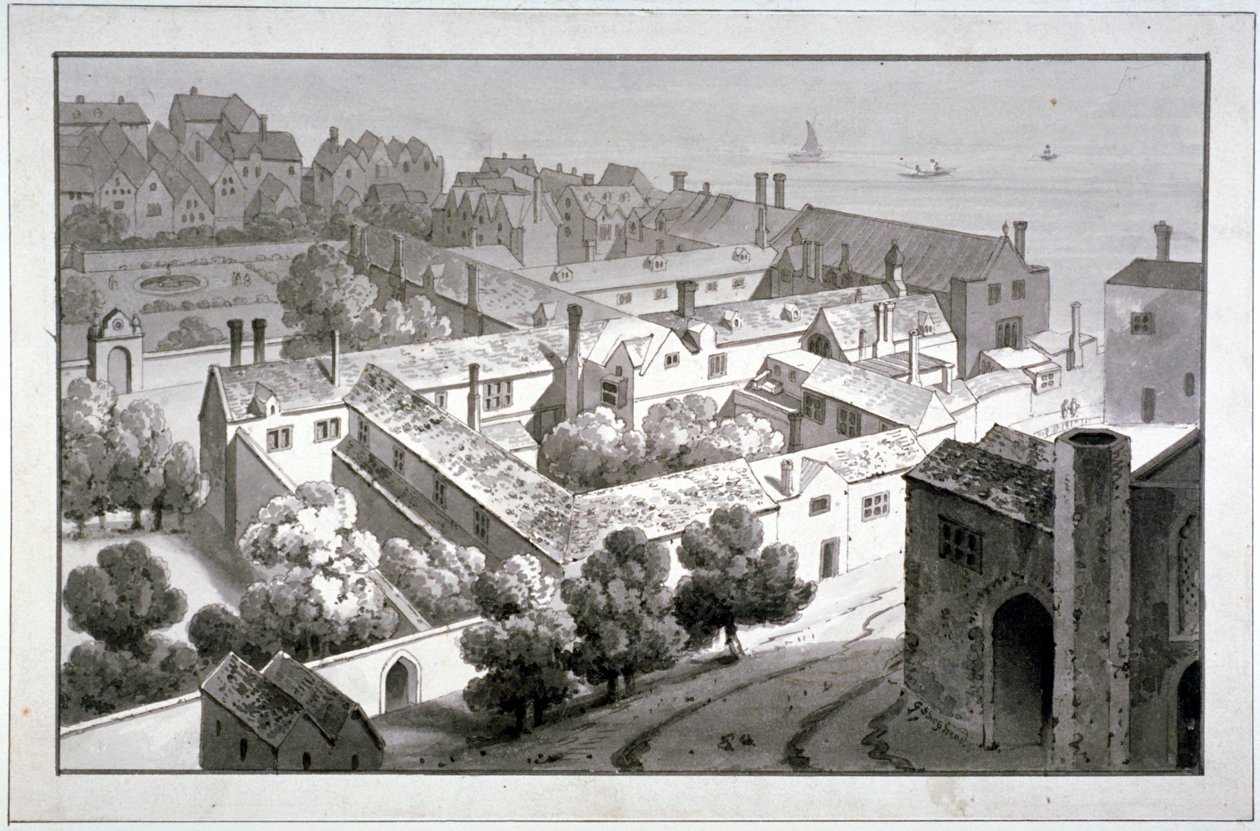 Fugleperspektiv av biskopen av Winchesters palass, Southwark, London, c1820. av George Shepherd