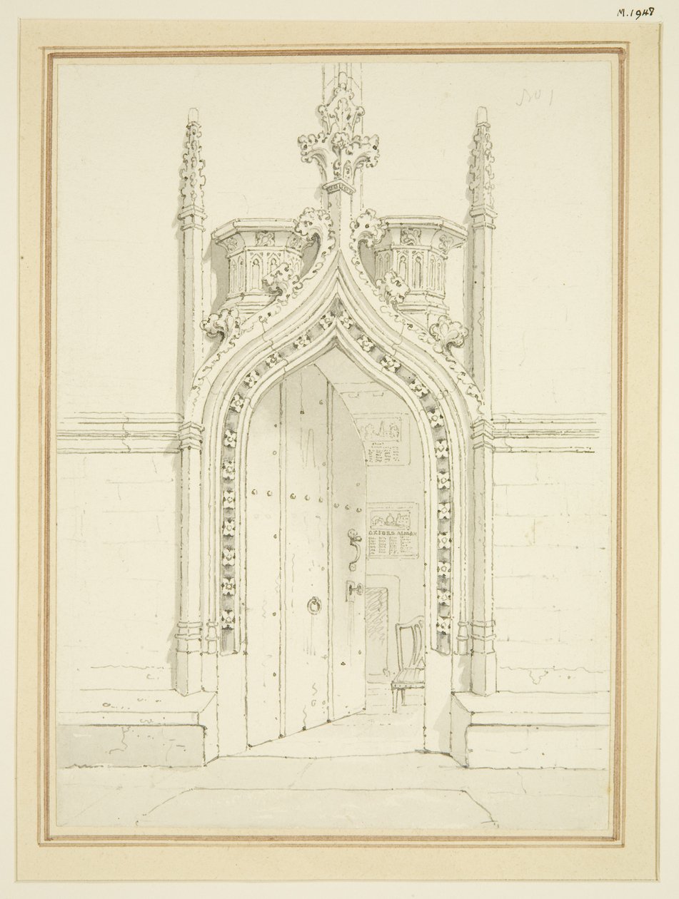 Døråpning til Vestry Room of St Mary Redcliffe, ca. 1812 (blyant og akvarell på papir) av George Shepherd