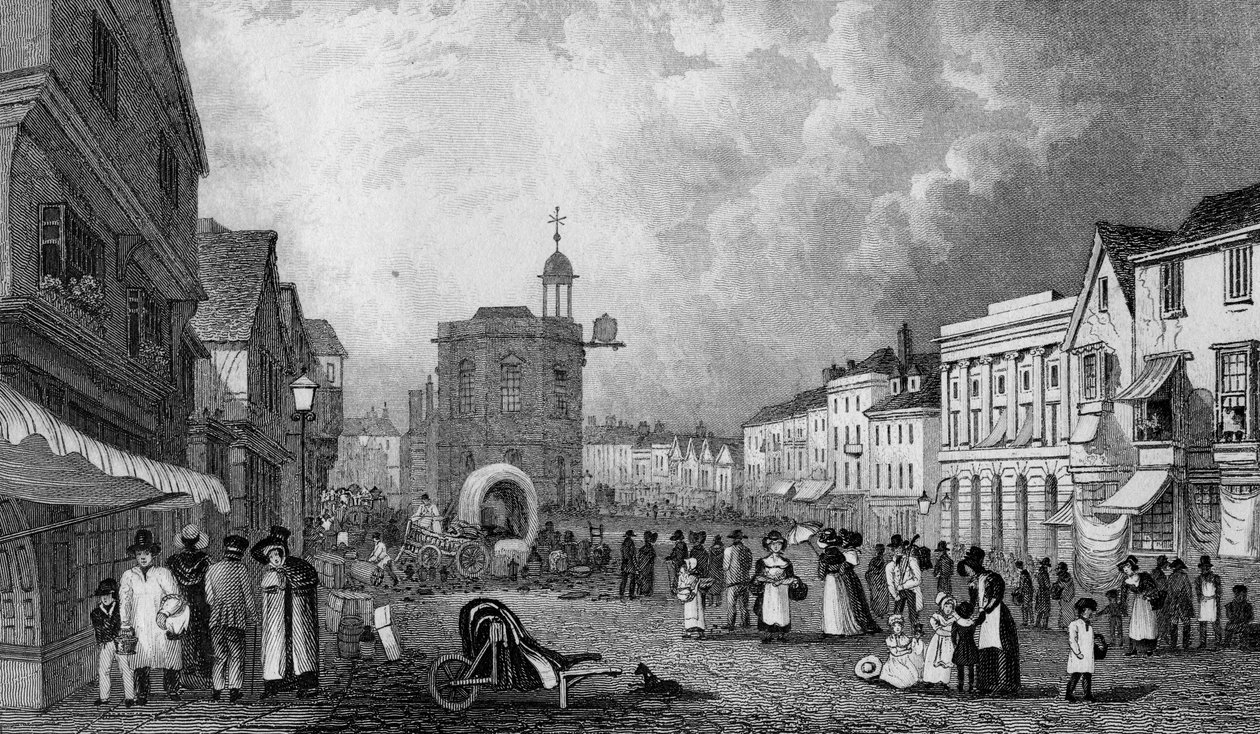 High Street, Maidstone, A Market Day, gravert av S. Lacey, utgitt 1832 av George Shepherd