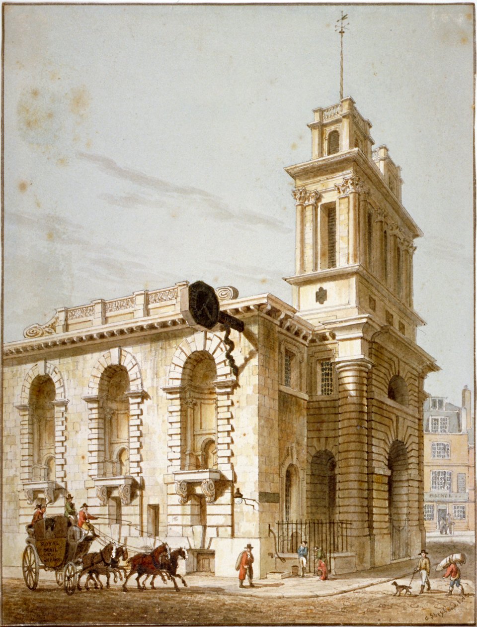 Nord-vest utsikt over Church of St Mary Woolnoth, City of London, 1812 av George Shepherd