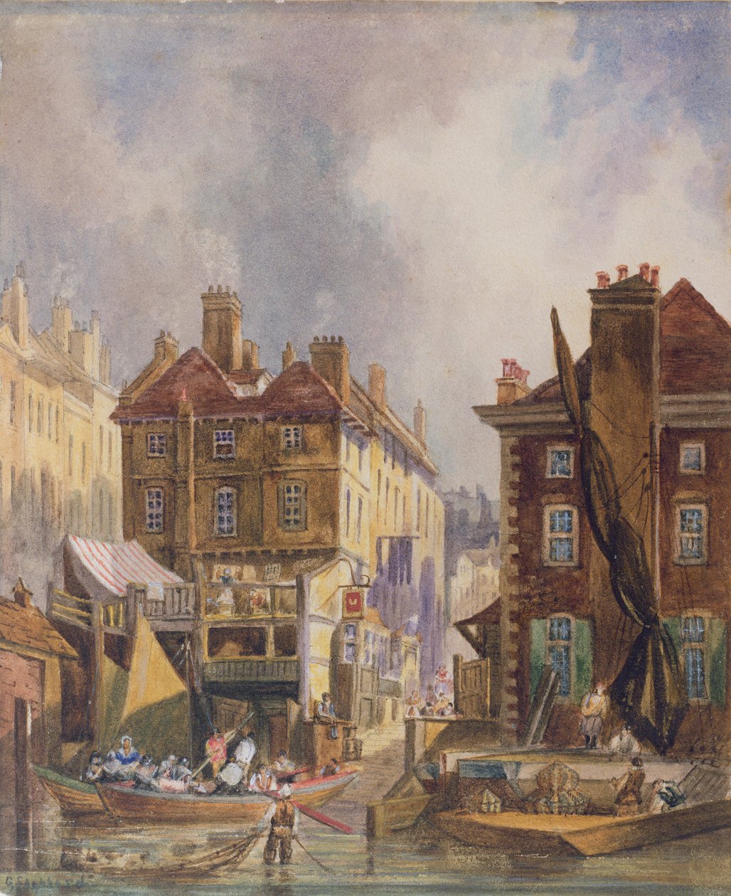Old Hungerford Market fra elven, London, ca. 1810 av George Shepherd