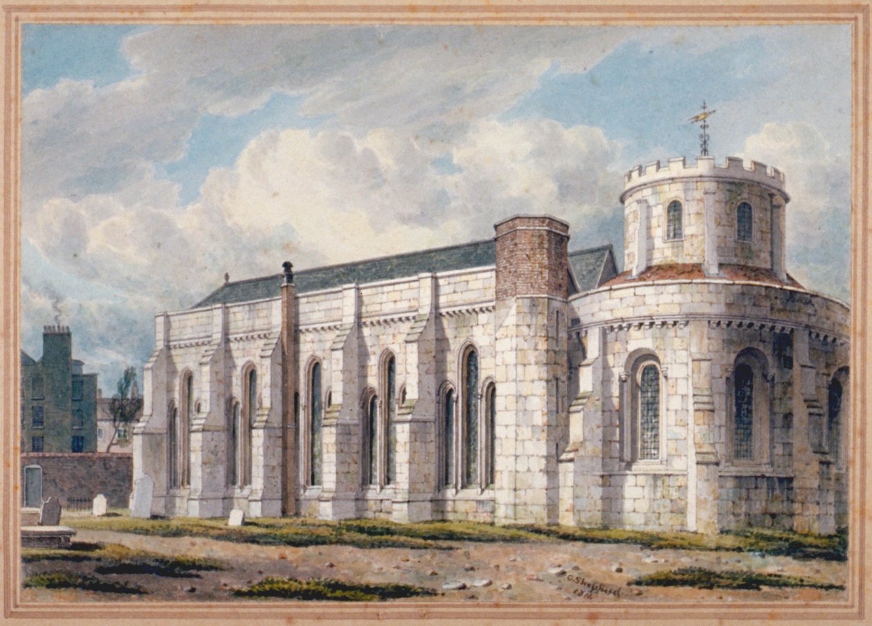 Utsikt over Temple Church fra den andre siden av kirkegården, City of London, 1811 av George Shepherd