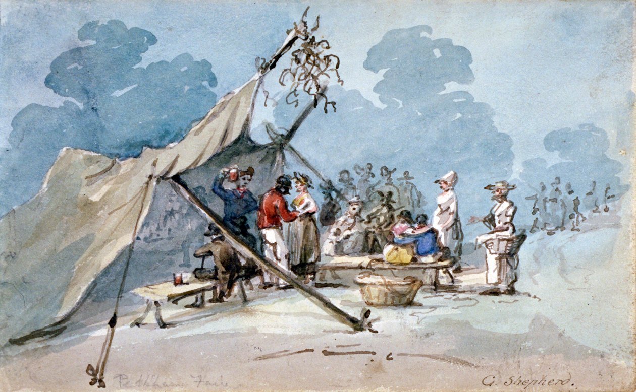 Utsikt over folk som deltar på Peckham Fair, London, c1820 av George Shepherd