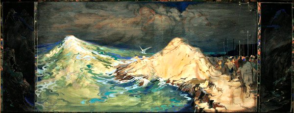Dåp av Dylan, Son the Wave (akvarell med kroppsfarge og gullmaling på silke) av George Sheringham