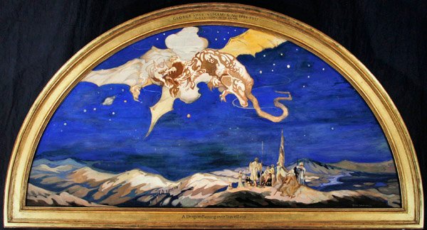 The Dragon Passing Over Traveler (akvarell med kroppsfarge og gull på silke) av George Sheringham