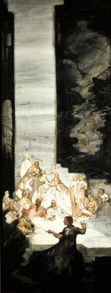 The Tale of Kynon, sønn av Clydno, da kong Arthur var på Caerllan upon Usk (akvarell med kroppsfarge og gullmaling på silke) av George Sheringham