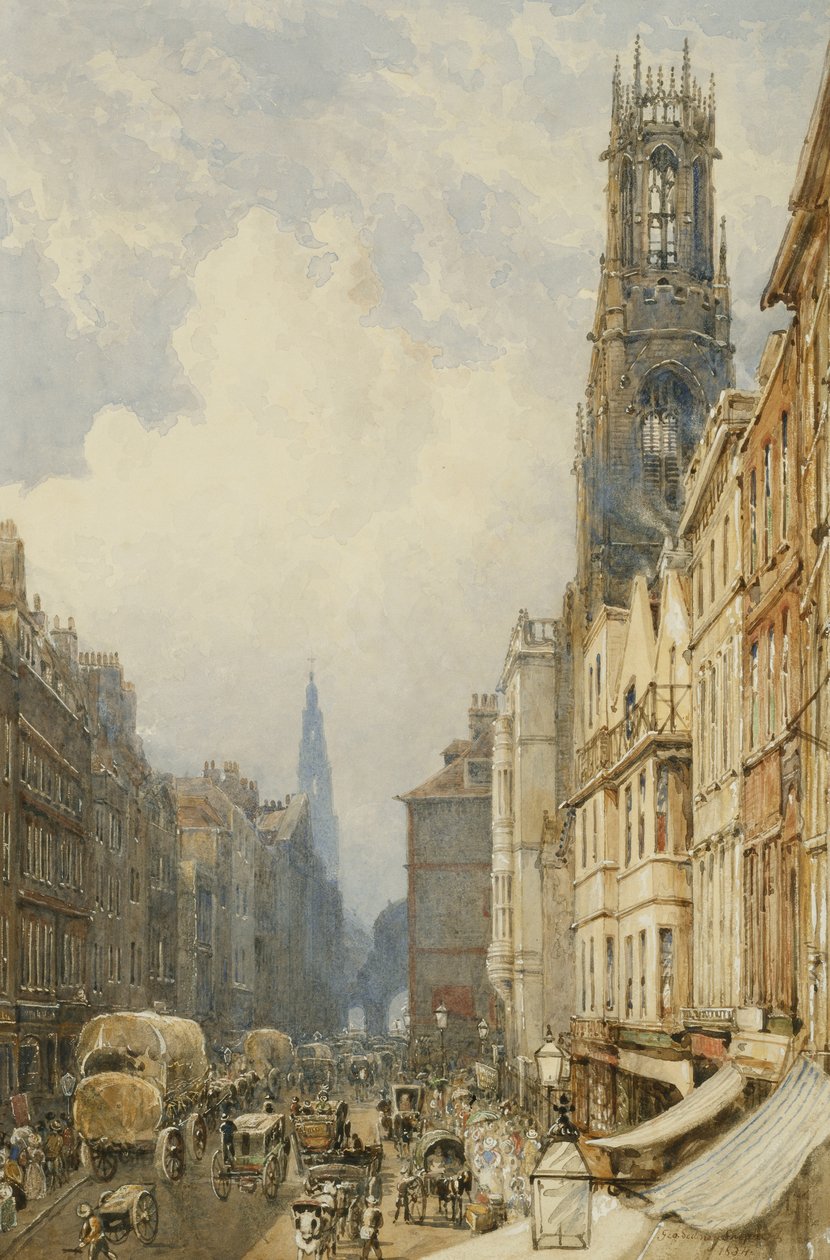 Fleet Street ser opp til Temple Bar med Old St. Dunstans og St. Clement Danes, 1834 av George Sidney Shepherd