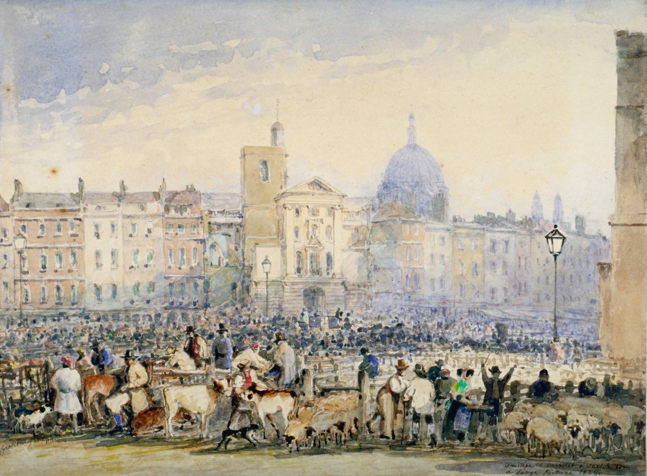 Utsikt over Smithfield Market med figurer og dyr, City of London, 1824. av George Sidney Shepherd
