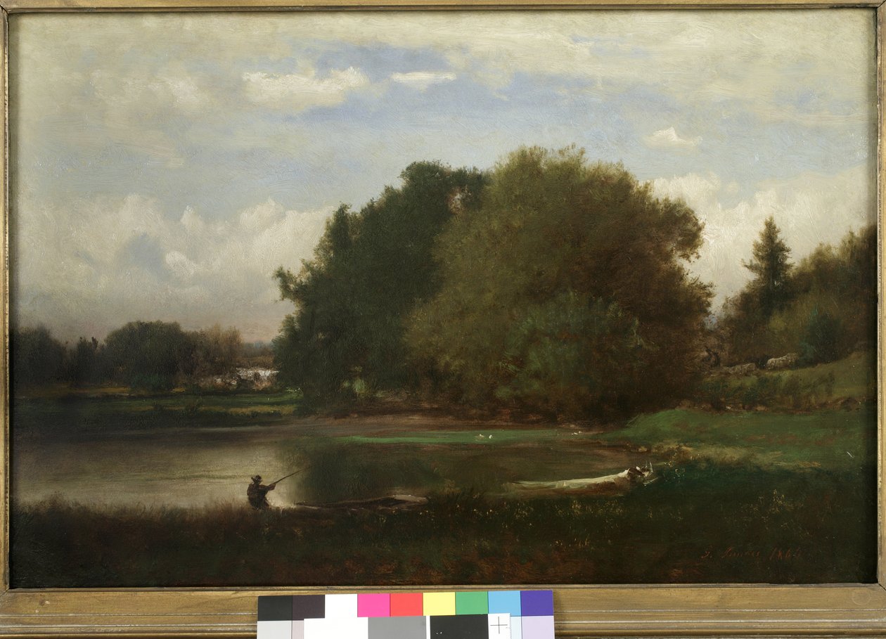 Landskap, 1860 (olje på papir lagt ned på panel) av George Snr. Inness