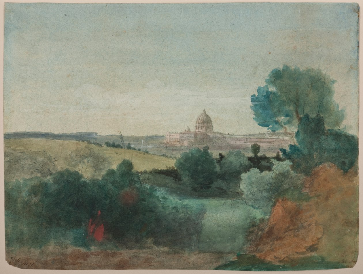 Saint Peters sett fra Campagna, ca. 1850 (wc over blyant på papir) av George Snr. Inness