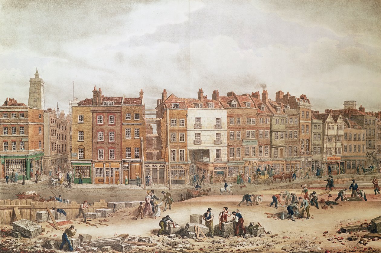 En utsikt over High Street Southwark som den gamle veien (fargegravering) av George Snr Scharf
