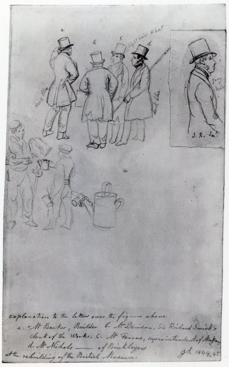 Byggere og landmålere ved gjenoppbyggingen av British Museum, 1844 (blyant på papir) av George Snr Scharf