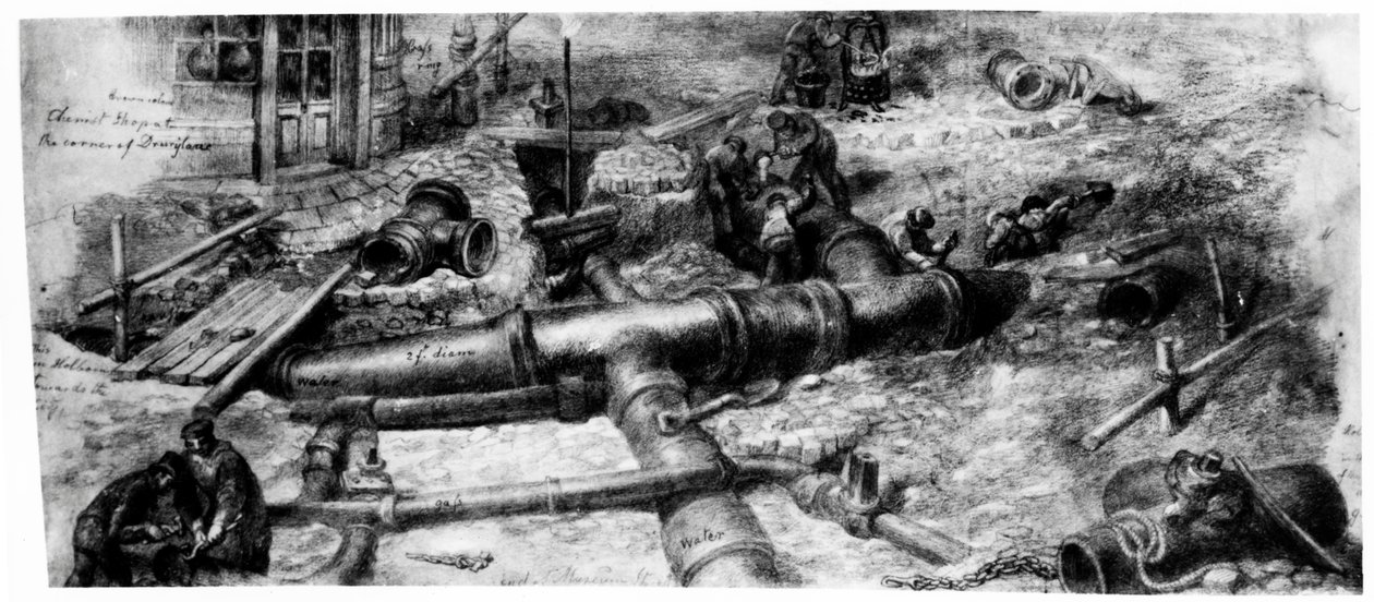 Building of Common Sewers on Holborn, 1845 (wc og grafitt på papir) av George Snr Scharf