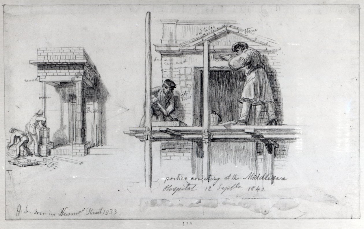 Oppføring av portikoer ved Newham Street og Middlesex Hospital, London, 1833 og 1840 av George Snr Scharf